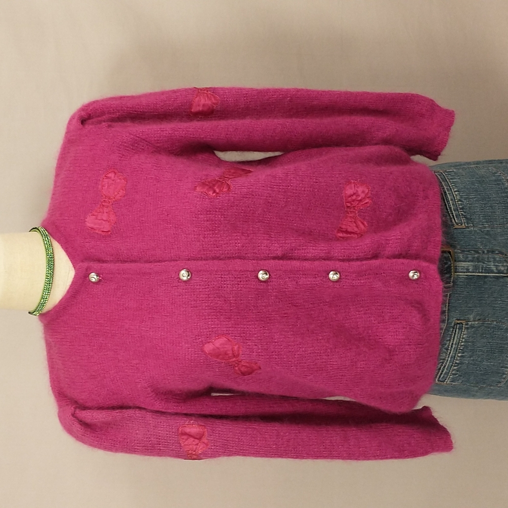Vintage Mohair Cardigan Sweater Pink Raspberry Magenta Soft Short w Satin Bows